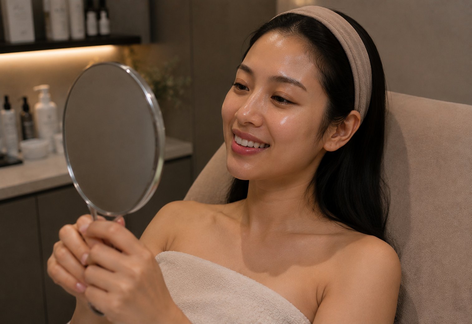 A Ritually client admiring her skin after treatment