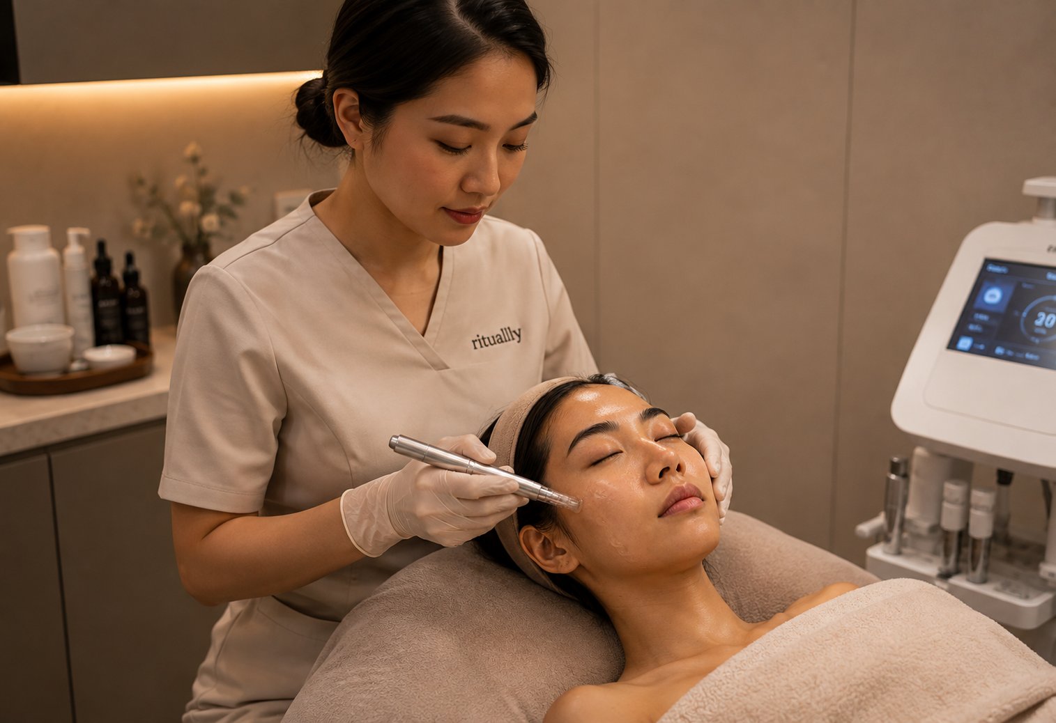 A Ritually therapist performing a personalised facial treatment